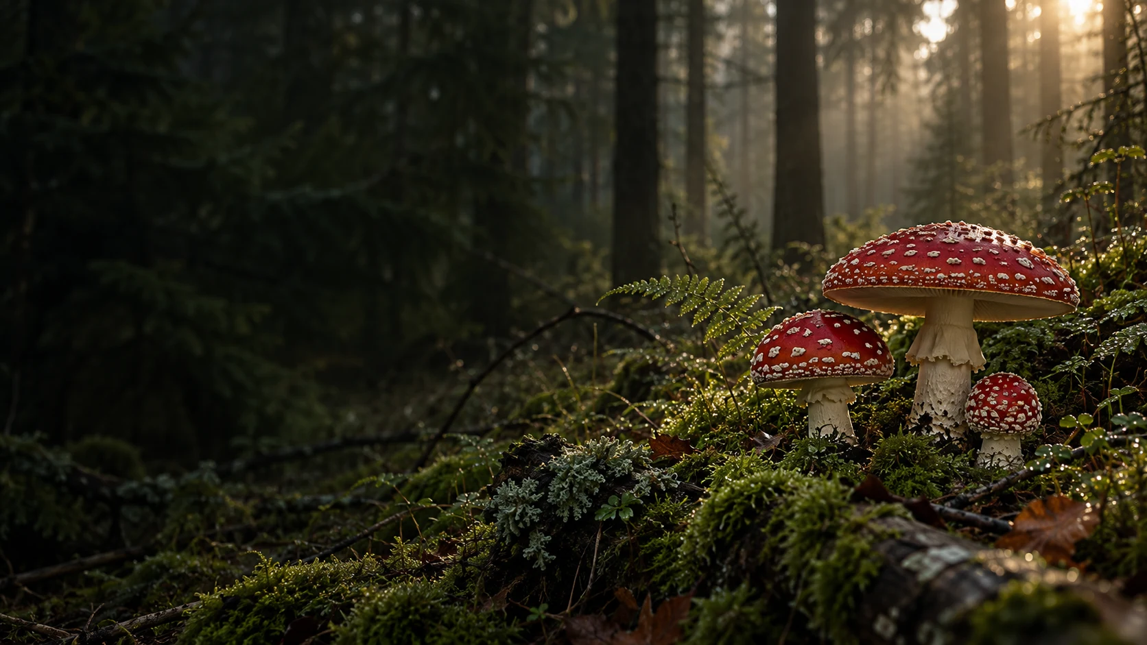 Утренний свет в лесу и красные грибы среди мха